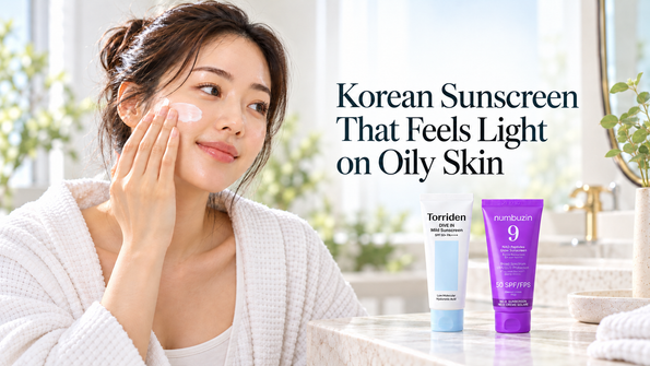 Woman applying Korean sunscreen for oily skin beside two sunscreen products