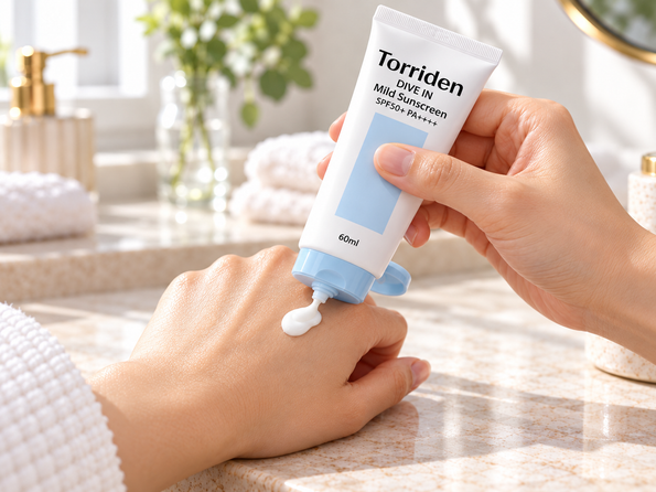 Torriden Korean sunscreen for oily skin being dispensed onto the back of a hand