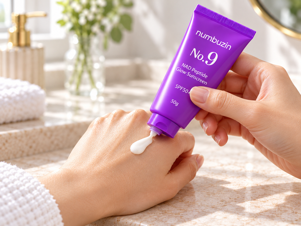 Numbuzin Korean sunscreen for oily skin being dispensed onto the back of a hand