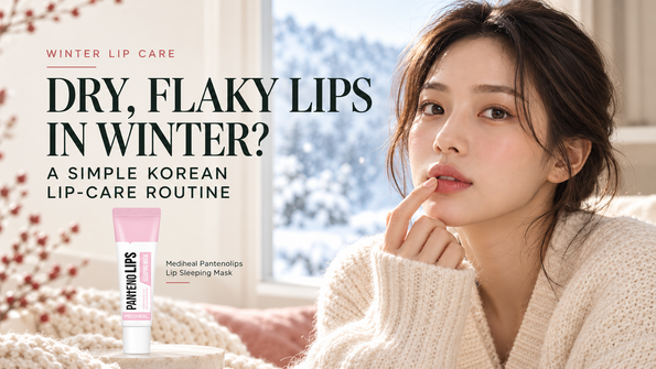 Woman applying lip care for dry, flaky lips in winter beside Mediheal Pantenolips Lip Sleeping Mask.