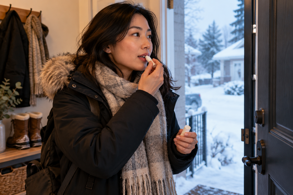 Woman applying lip balm at the doorway before going outside in winter