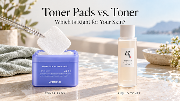 Toner pads vs toner: MEDIHEAL Watermide pads beside Beauty of Joseon Rice Milk toner.
