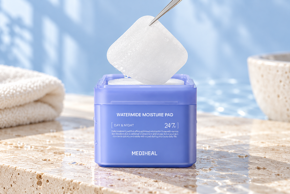 MEDIHEAL Watermide toner pad jar with a square pad lifted by tweezers.