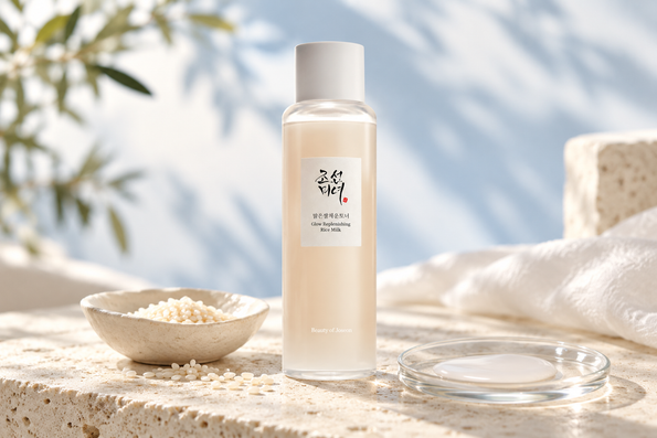 Beauty of Joseon Glow Replenishing Rice Milk toner beside rice grains and a milky toner swatch.