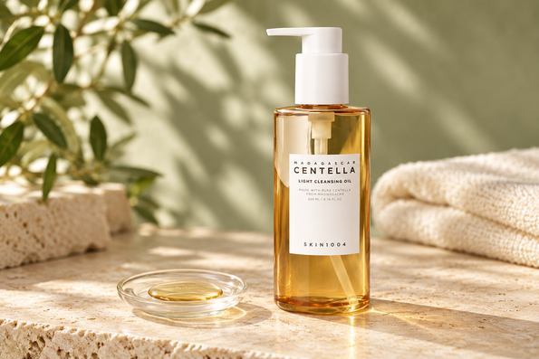 SKIN1004 Madagascar Centella Light Cleansing Oil beside a glass dish of golden oil.