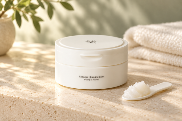 Beauty of Joseon Radiance Cleansing Balm jar beside a spatula holding balm.