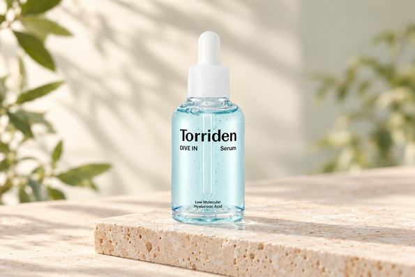 Torriden DIVE-IN Low Molecular Hyaluronic Acid Serum in a pale blue dropper bottle.