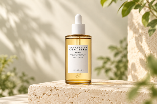 SKIN1004 Madagascar Centella Ampoule in an amber bottle with a white dropper.