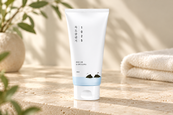 ROUND LAB 1025 Dokdo Cleanser tube on a cream stone vanity.
