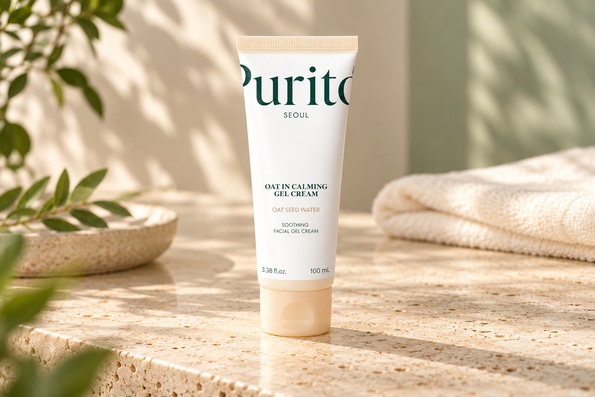 PURITO Oat In Calming Gel Cream tube beside a folded towel.
