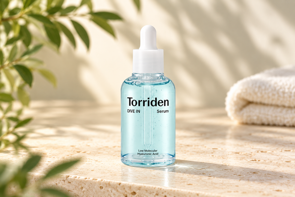 Torriden DIVE-IN Hyaluronic Acid Serum in a pale blue dropper bottle.