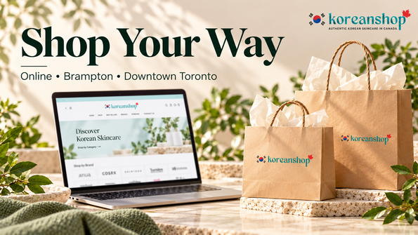 KoreanShop online shopping illustrated with a laptop and shopping bags for Brampton and Downtown Toronto stores.
