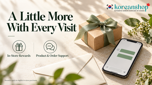 KoreanShop in-store rewards and customer support illustrated with a gift box and smartphone.