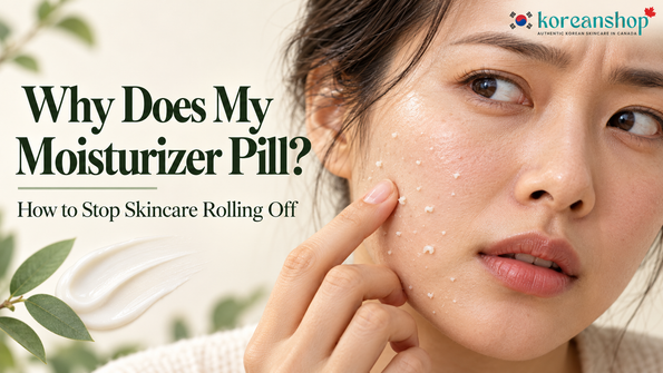 Woman examining small rolls of moisturizer pilling on her cheek.