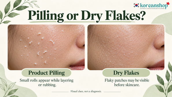 Close-up comparison of moisturizer pilling and dry skin flakes on the cheek.