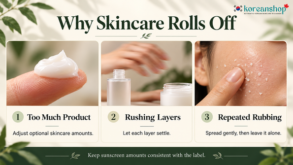 Skincare pilling causes illustrated by excess cream, rushed layering and repeated rubbing.