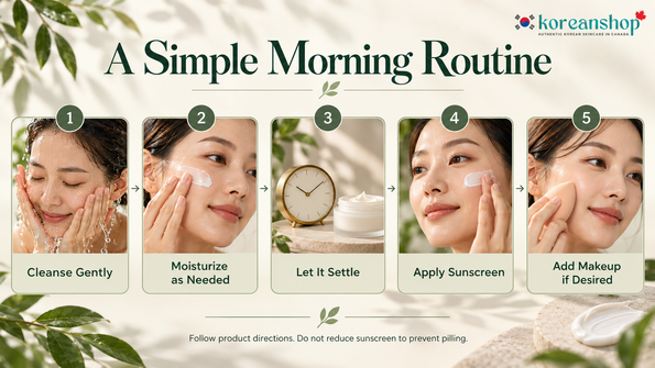 Morning skincare routine showing cleansing, moisturizer, settling time, sunscreen and optional makeup.