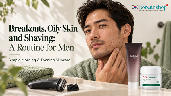 Man examining his beard area beside Haruharu cleanser and Dr.G moisturizer for a men’s skincare routine.