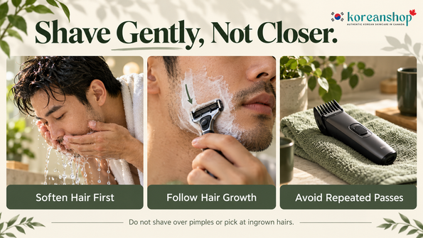 Gentle shaving tips for men: soften beard hair, follow hair growth and avoid repeated razor passes.