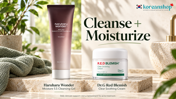 Haruharu Wonder Black Rice Moisture 5.5 cleansing gel and Dr.G Red Blemish Clear Soothing Cream.