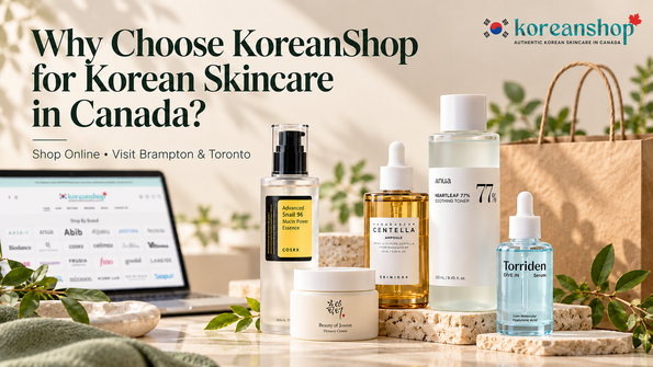 Why choose KoreanShop for Korean skincare in Canada, with beauty products and a laptop displaying the store website.