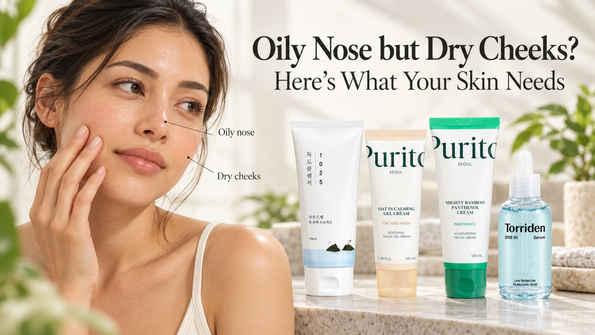 Woman with an oily nose and dry cheeks beside ROUND LAB, PURITO and Torriden skincare products.